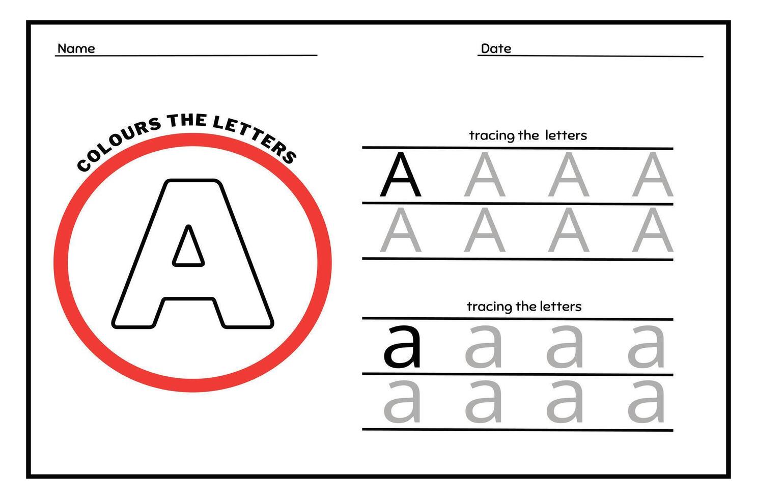 Learn the Letter A. Tracing Practice Page. Developing skills of writing. paper ready to print. vector