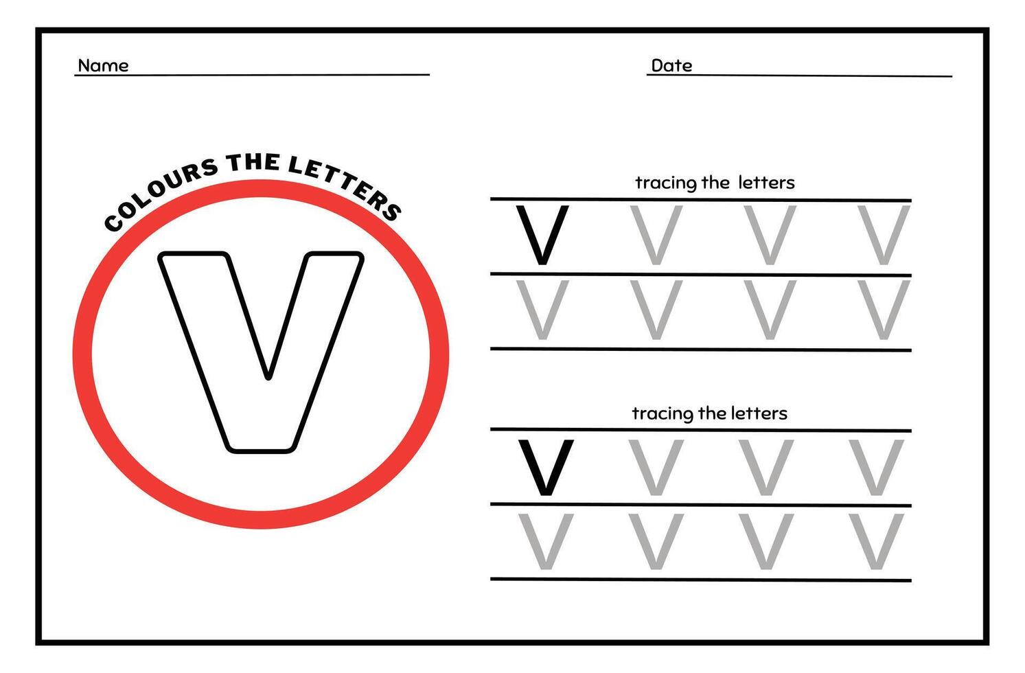 Learn the Letter V. Tracing Practice Page. Developing skills of writing. paper ready to print. vector