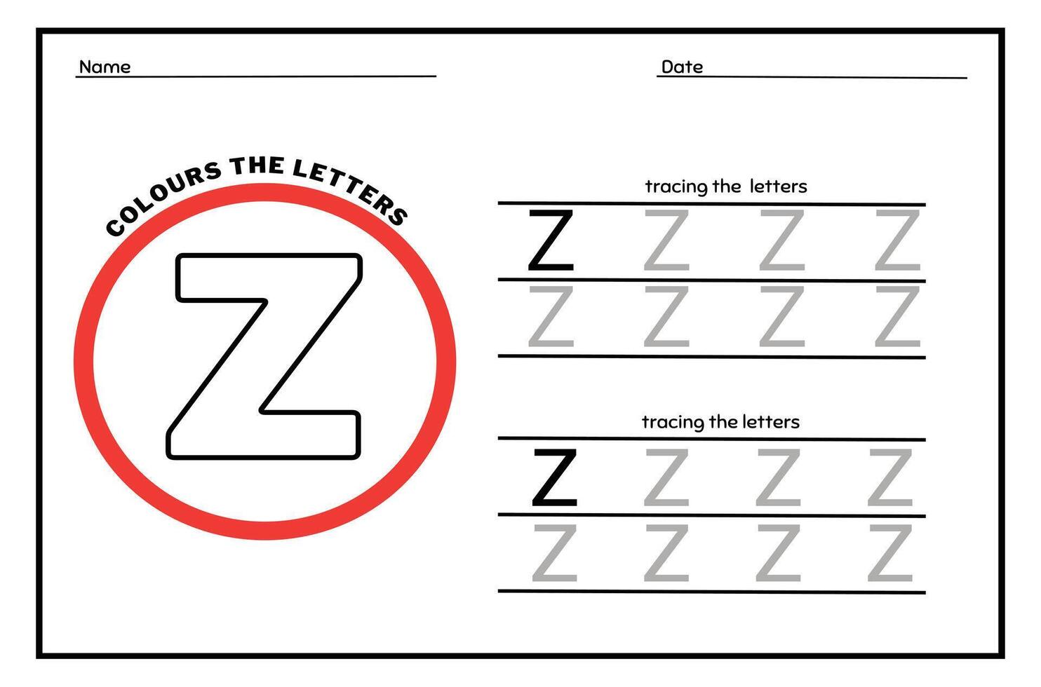 Learn the Letter Z. Tracing Practice Page. Developing skills of writing. paper ready to print. vector
