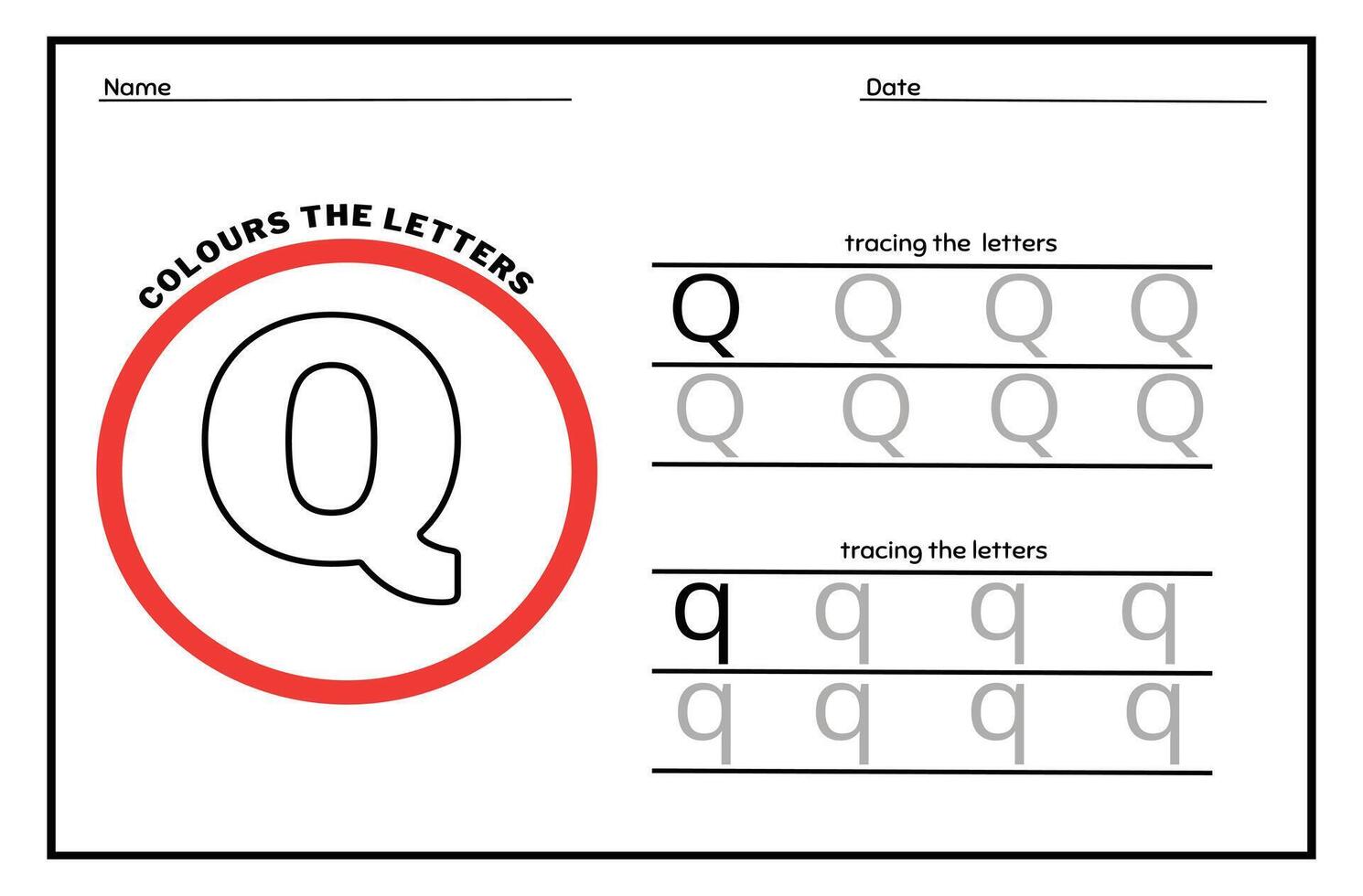 Learn the Letter Q. Tracing Practice Page. Developing skills of writing. paper ready to print. vector