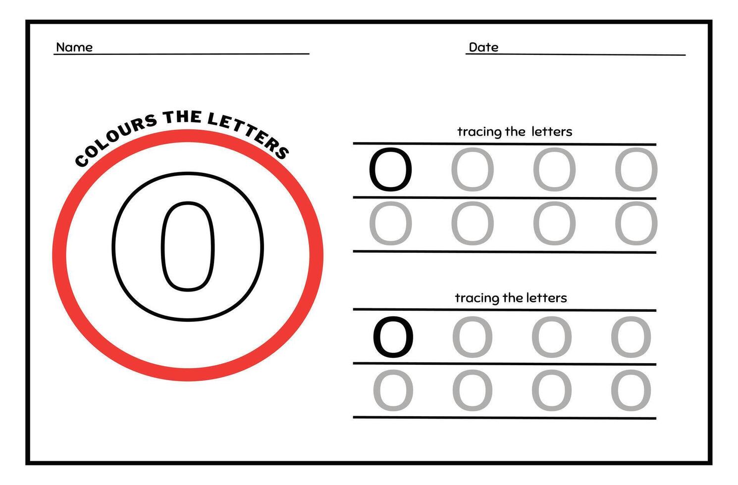 Learn the Letter O. Tracing Practice Page. Developing skills of writing. paper ready to print. vector