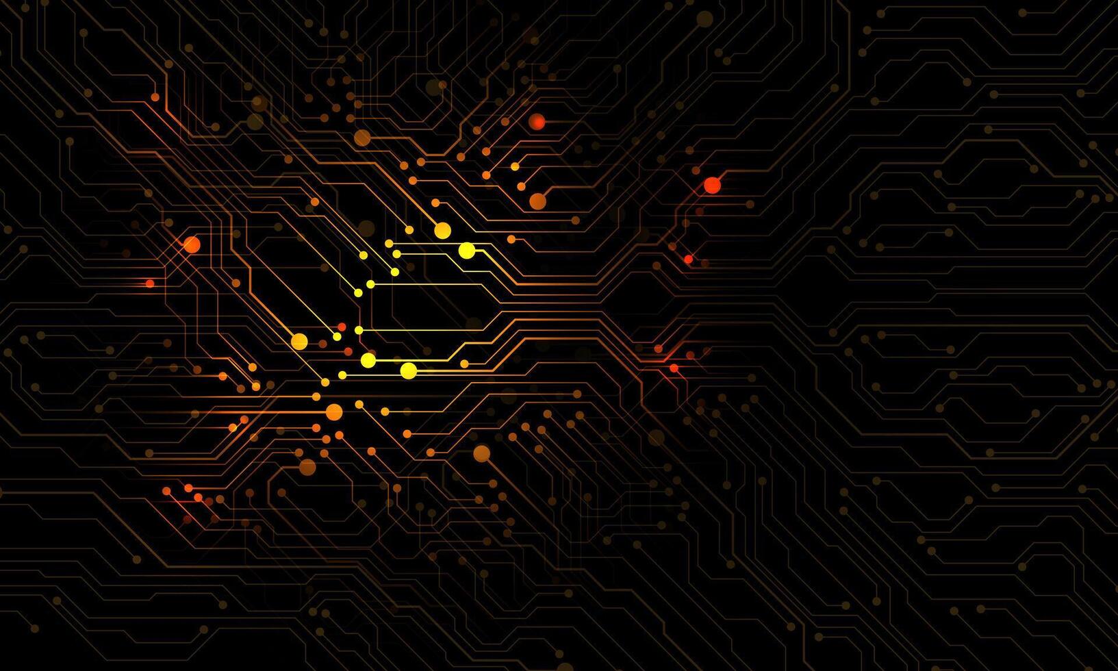 Abstract yellow light circuit board technology connected lines electronics elements computer motherboard chip processor semiconductor digital on black background vector