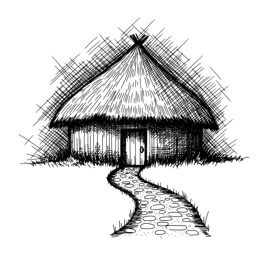 Thatched Roof Hut with Stone Path in Rural Setting. Hand Drawn Ink Sketch with Vintage Cross-Hatching Shading. vector