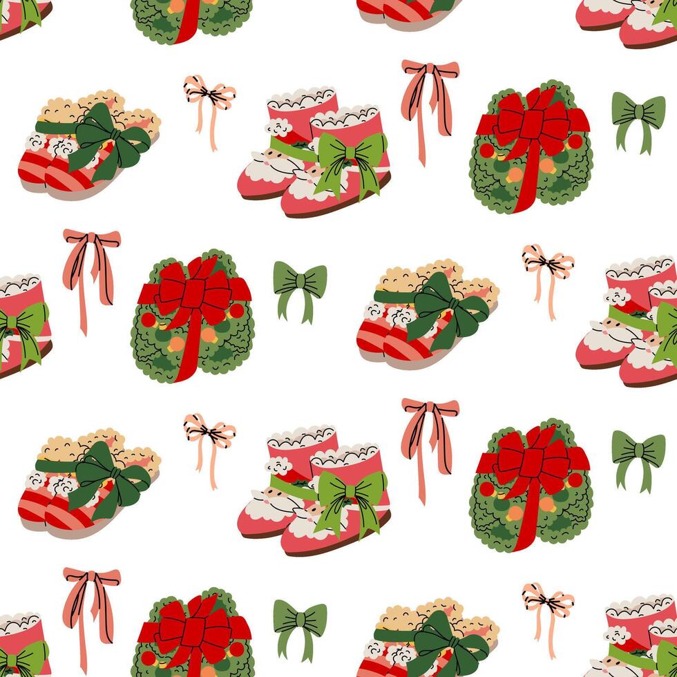 Seamless pattern with cozy Christmas slippers tied with bows like a gift under the tree. Flat texture. Colorful flat print in scribble style for festive fabric, wrapping paper, or background vector