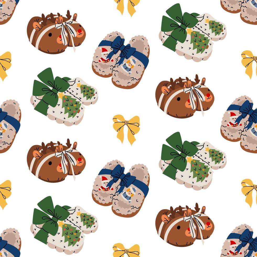 Seamless pattern with cozy variety of Christmas slippers tied with ribbons with bows like a gift under the tree. Flat texture. Colorful flat print in scribble style for festive fabric, wrapping paper vector