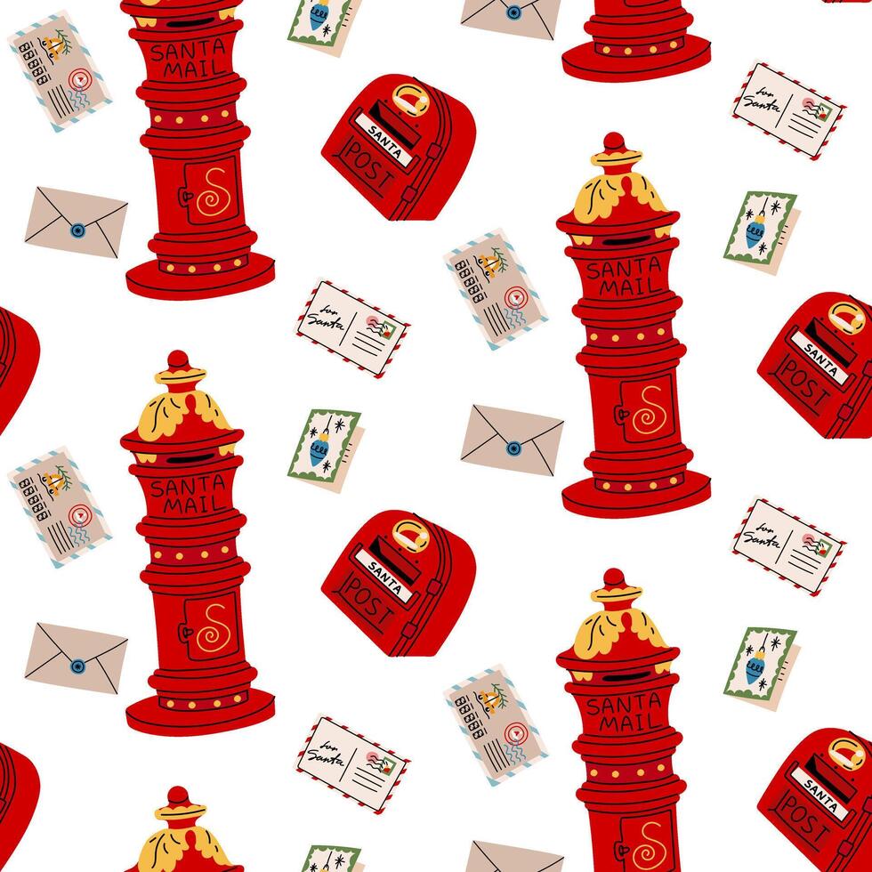Seamless pattern with various Christmas postboxes, letters, and stamps. Flat color texture on the theme of a letter for Santa Claus. flat style print for holiday fabric, wrapping paper, background. vector