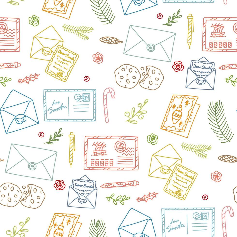 Seamless outline pattern with Christmas letters and envelopes addressed to Santa Claus. Writing letters. Line art scribble print for festive wrapping paper or digital backgrounds. vector