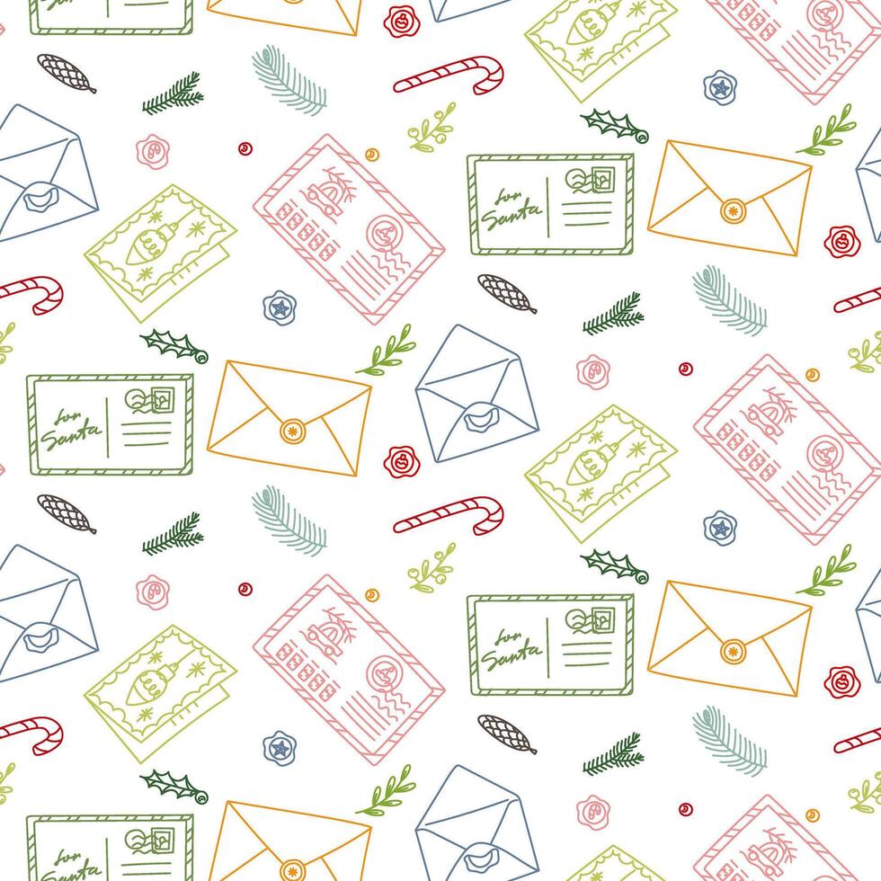 Seamless outline pattern with Christmas letters and envelopes addressed to Santa Claus. color texture on theme of letter for Santa Claus. Line art doodle style print for holiday wrapping paper digital vector