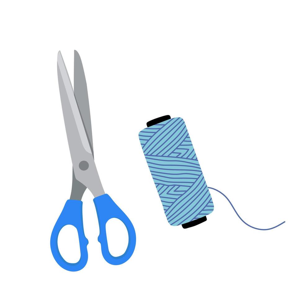 illustration of blue-handled scissors and a matching blue thread spool, ideal for sewing themes, tailoring tools, crafting projects, DIY materials, and handmade design elements vector