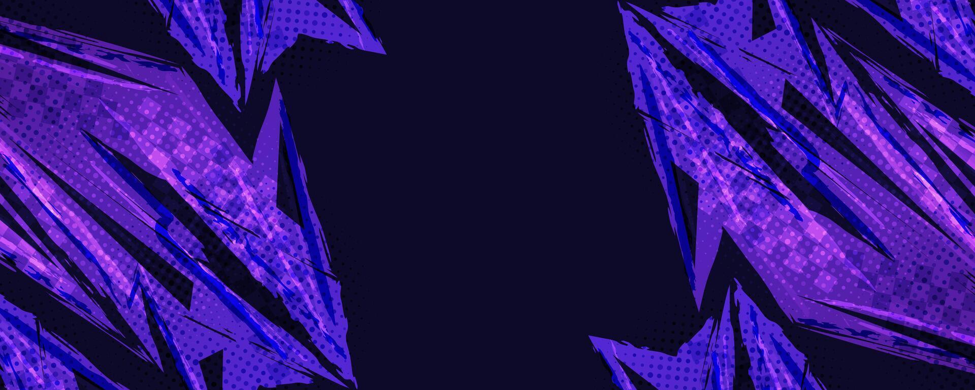 Modern Sport Banner Design with Purple Brush Strokes and Overlay Halftone Effect. Scratch and Texture Elements For Design vector
