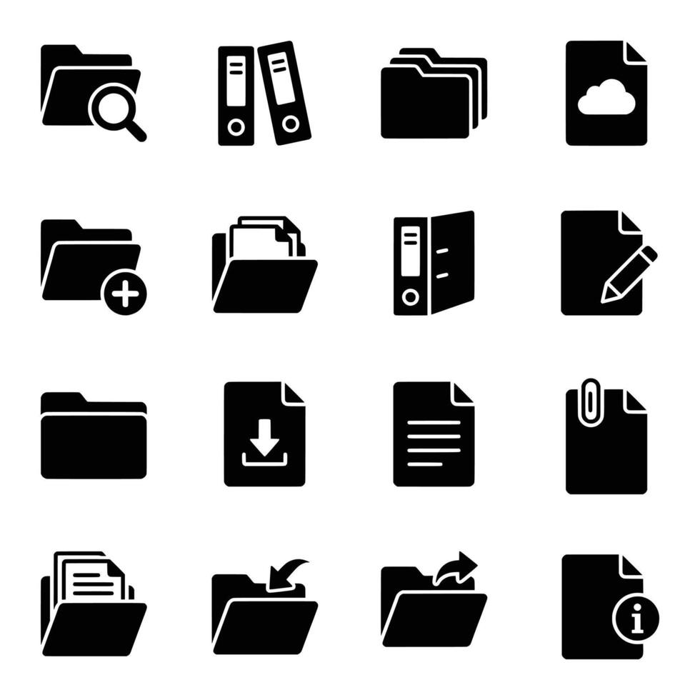 Comprehensive solid black icons for file management, documents, binders, and digital folders. vector