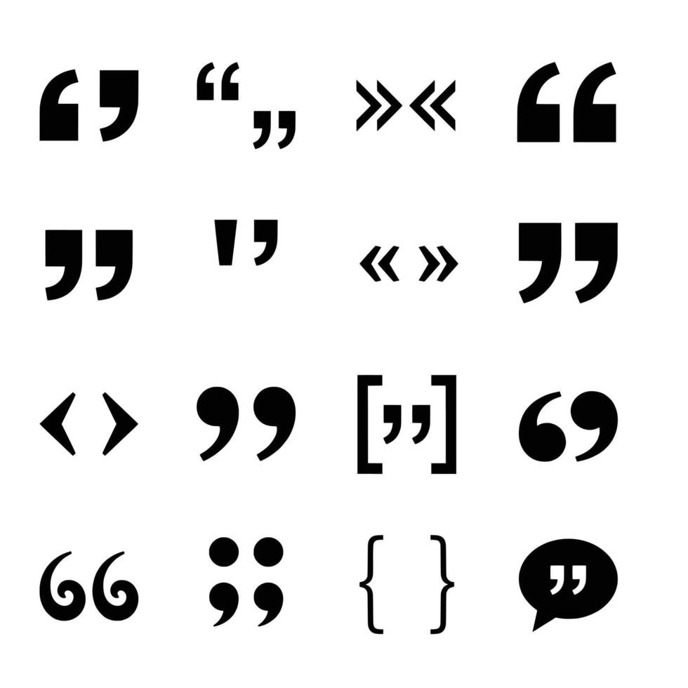 A diverse collection of black icons showing different quotation marks, brackets, and speech bubble punctuation symbols vector
