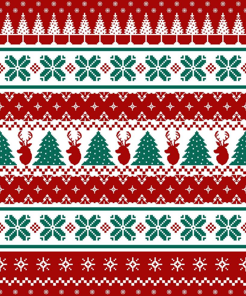 Nordic Christmas and New Year pixel knit pattern with reindeer, Christmas trees, and snowflakes in red and green tones. Design for festive fabric and wrapping. illustration knitted style. vector