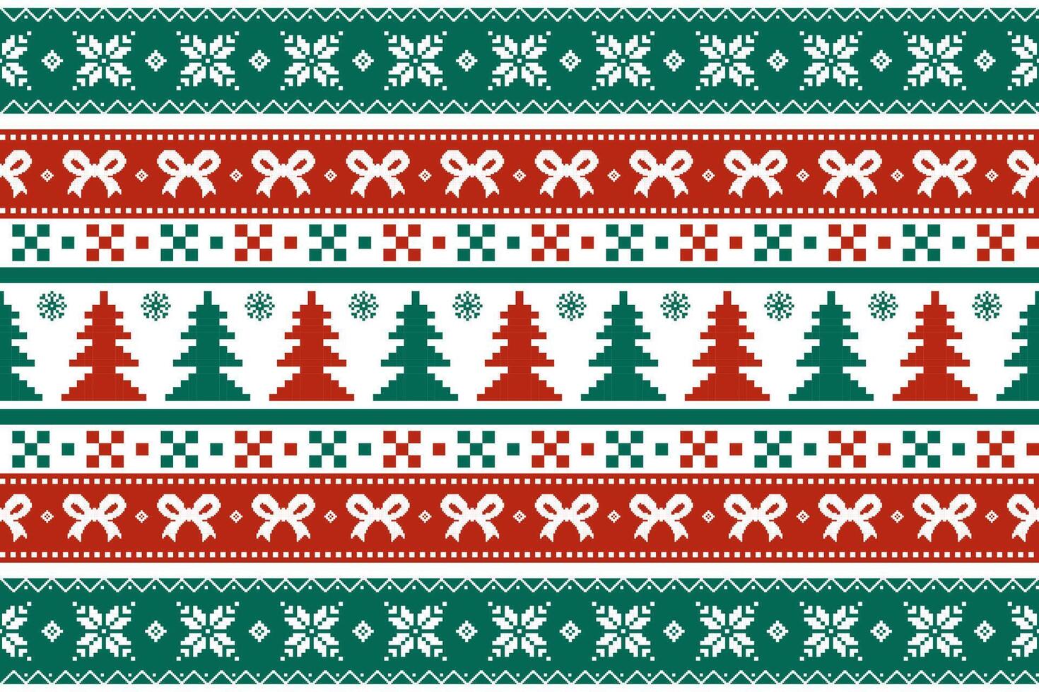 Textile Christmas pixel pattern featuring trees, bows, and snowflakes in red and green. Design for fabric, clothing, wrapping, and festive products. vector