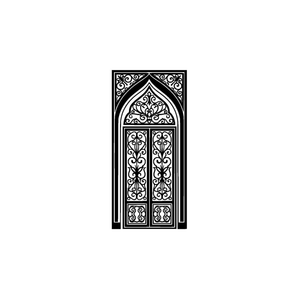 Ornate silhouette of an arched double doorway featuring intricate scrollwork and decorative patterns isolated vector