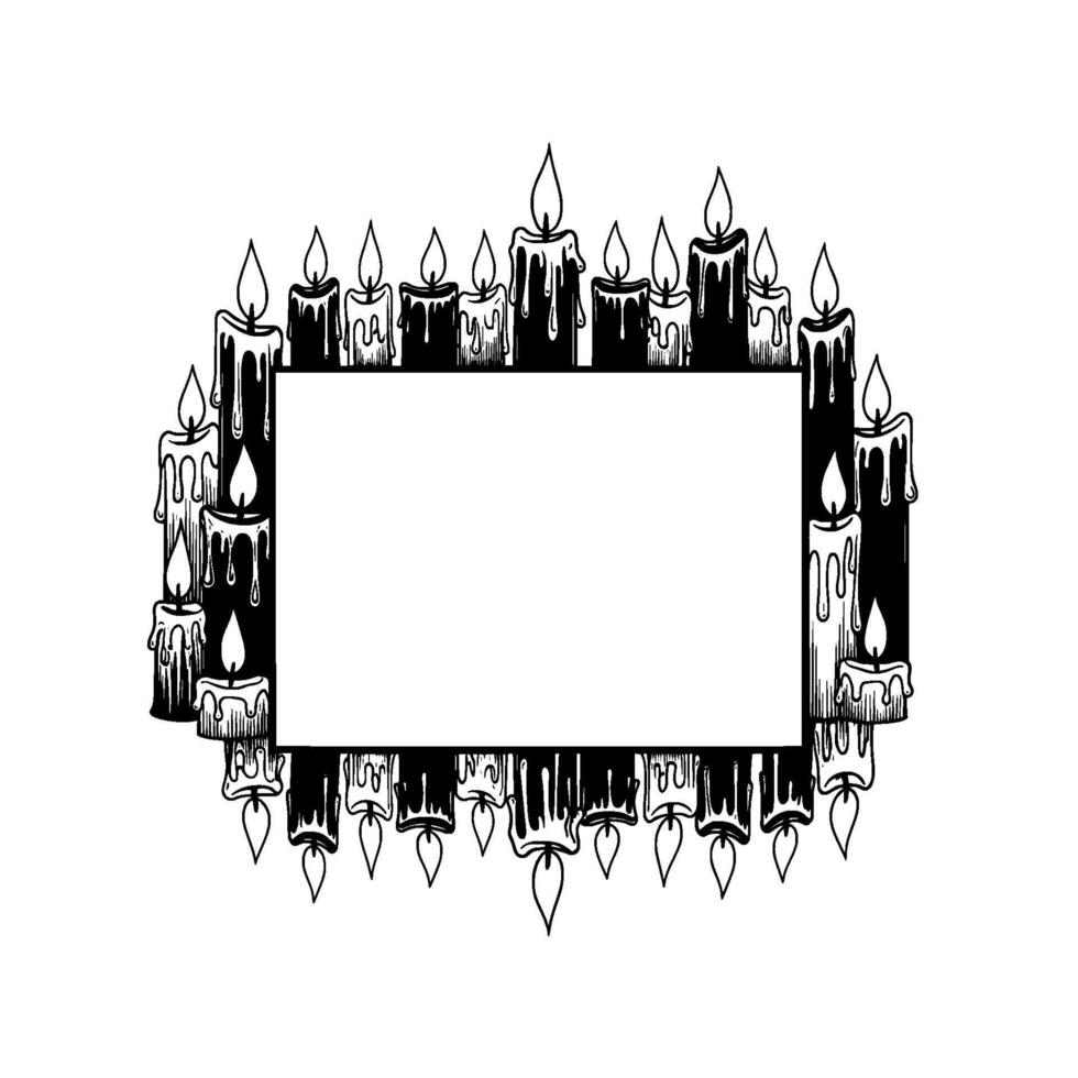 Ornate decorative frame composed of melting gothic style candles with flickering flames surrounding a central blank rectangular space vector