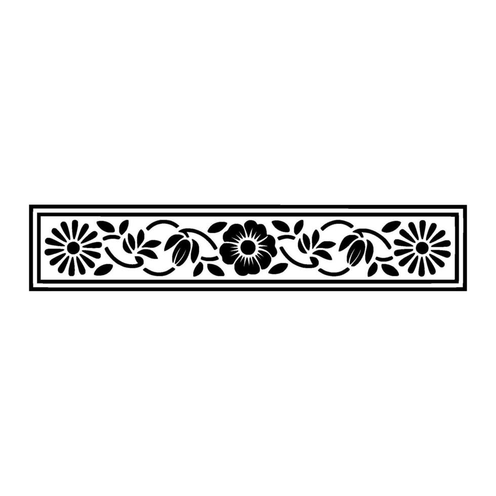 A decorative border featuring a repeating symmetrical floral pattern with stylized flowers and leaves creating an elegant ornamental vector