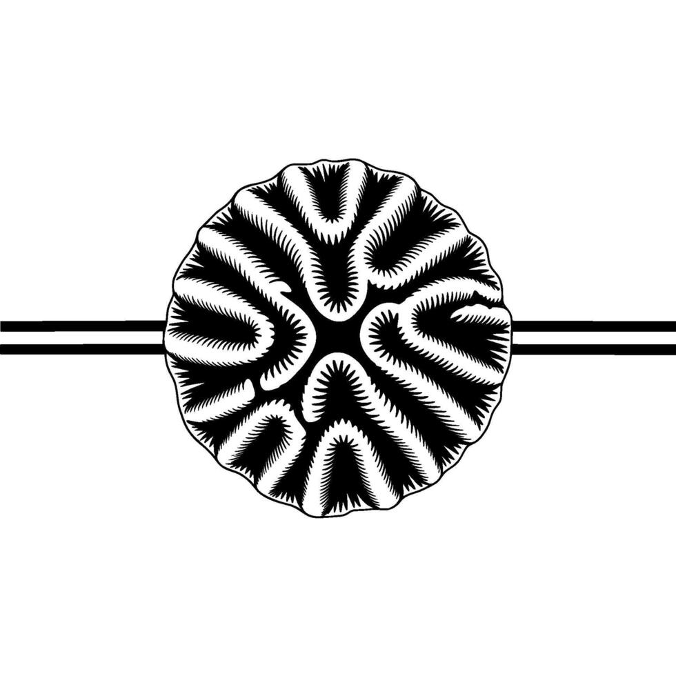A striking illustration of a circular complex organic pattern resembling a stylized brain or coral formation intersected by two horizontal parallel lines vector