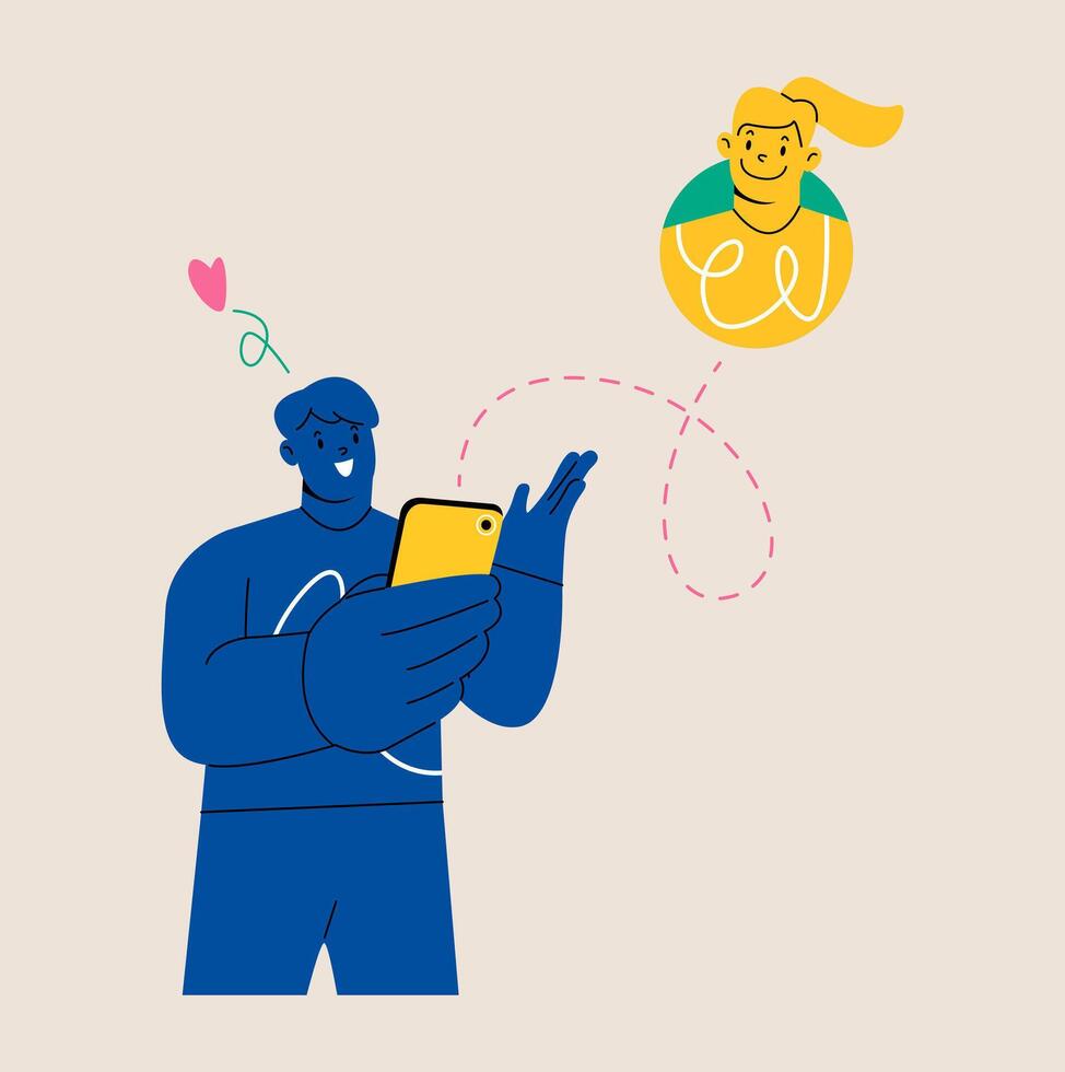 Man smiling looking at phone and texting with girlfriend. Colorful illustration vector