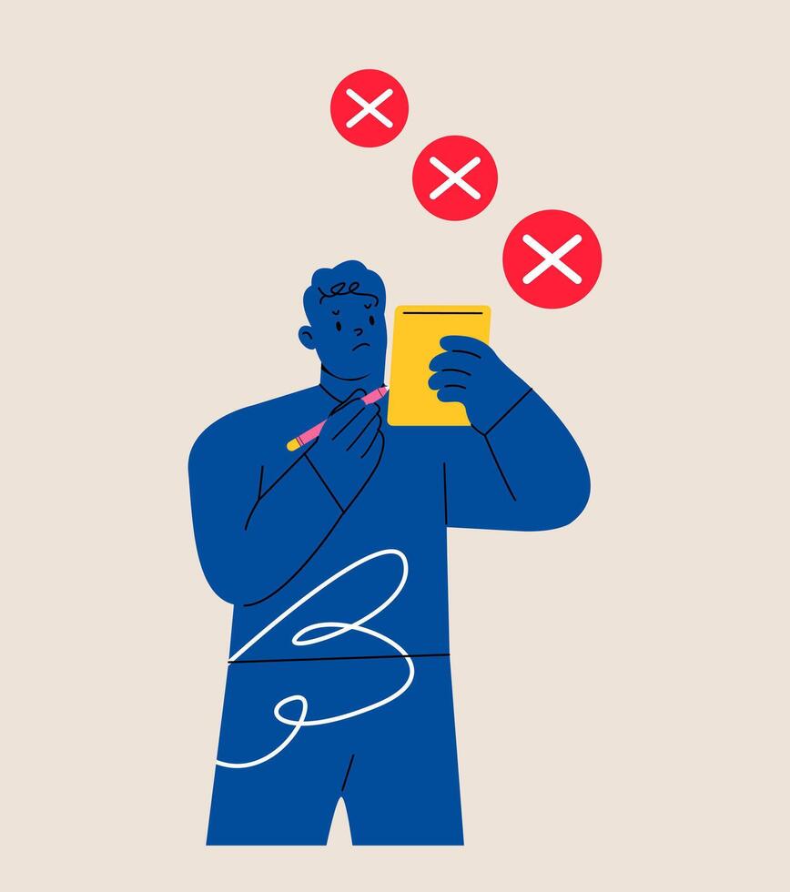 Unfinished task. Man holding to-do list with checkboxes. Colorful illustration vector