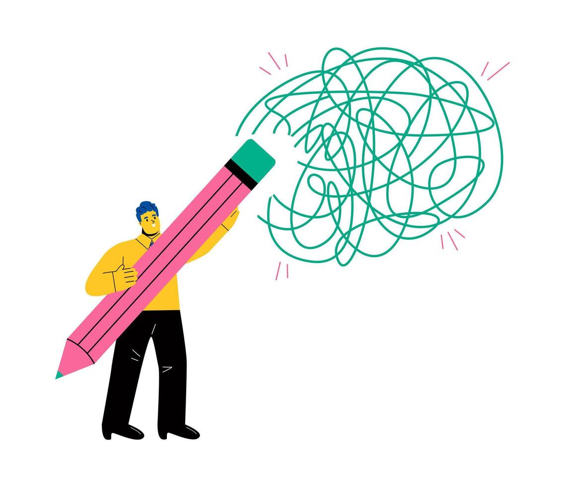 Resolving complex problems, erasing negative thoughts. Business man delete messy lines. Flat illustration isolated on white background vector