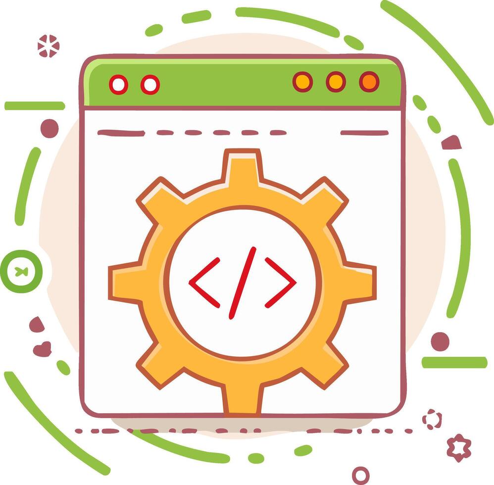 software codificación proceso representado con engranaje y código símbolos en vibrante ilustración, programación concepto, sitio web desarrollo, aplicación creación metáfora vector