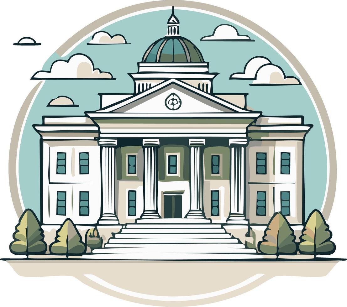 Illustration of a grand government building with dome, columns and clouds in a decorative style vector