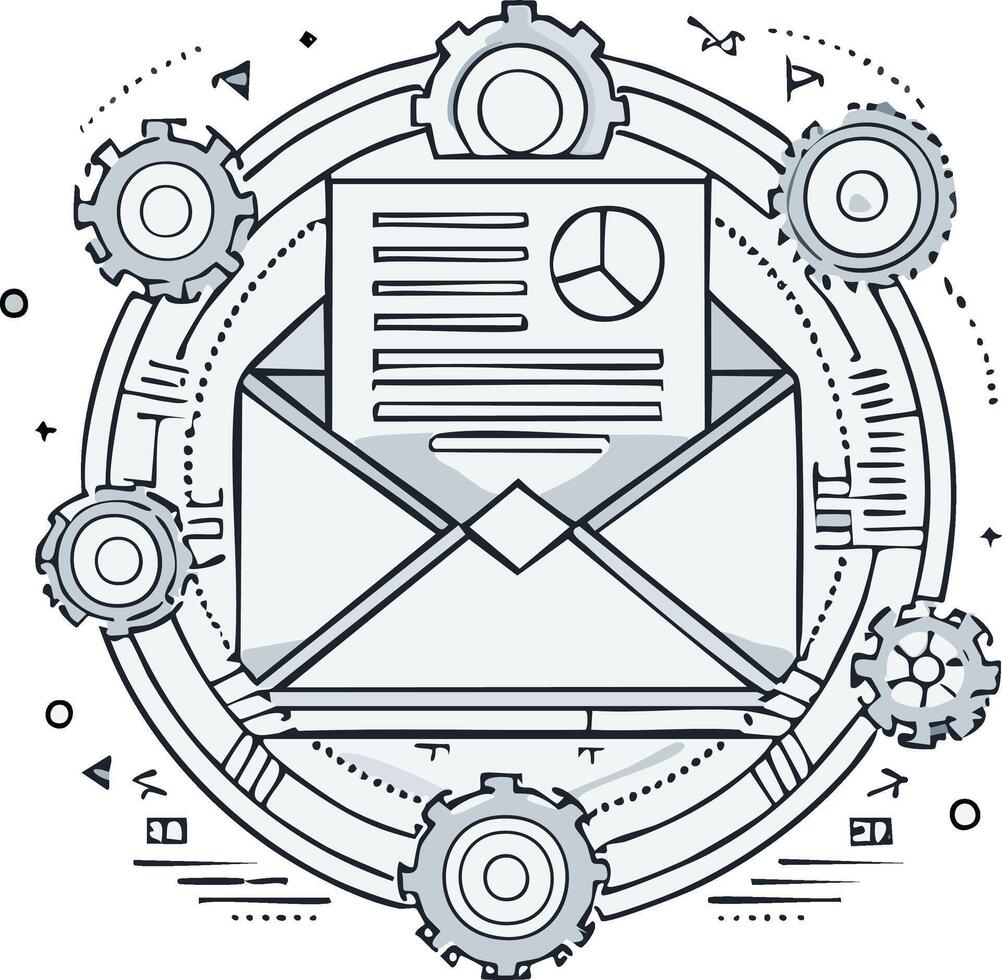 Data Driven Communication Email Envelope with Pie Chart Report surrounded by Gears Symbolizing Processing and Automation vector
