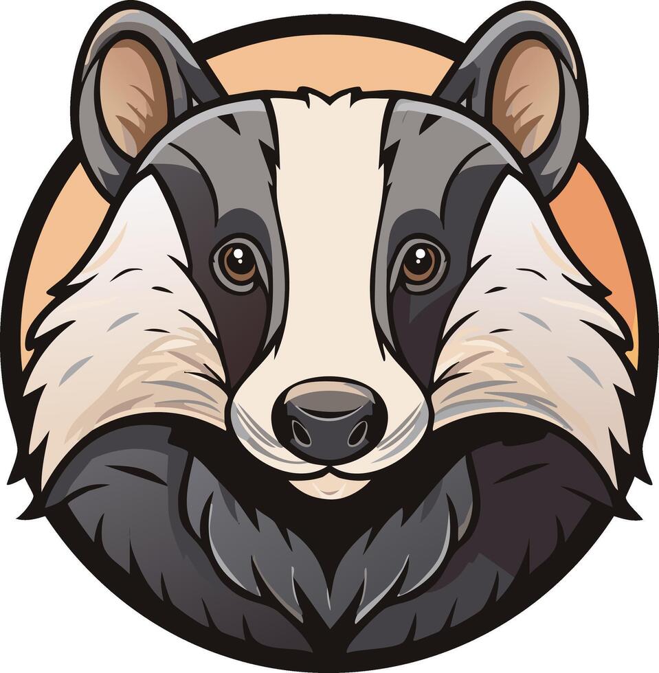Cartoon illustration of a badger face with a circle background of peach color vector