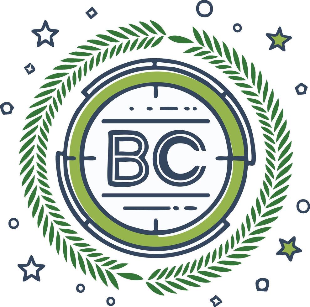 Green leafy wreath encircles BC letters within a target circle flat design vector