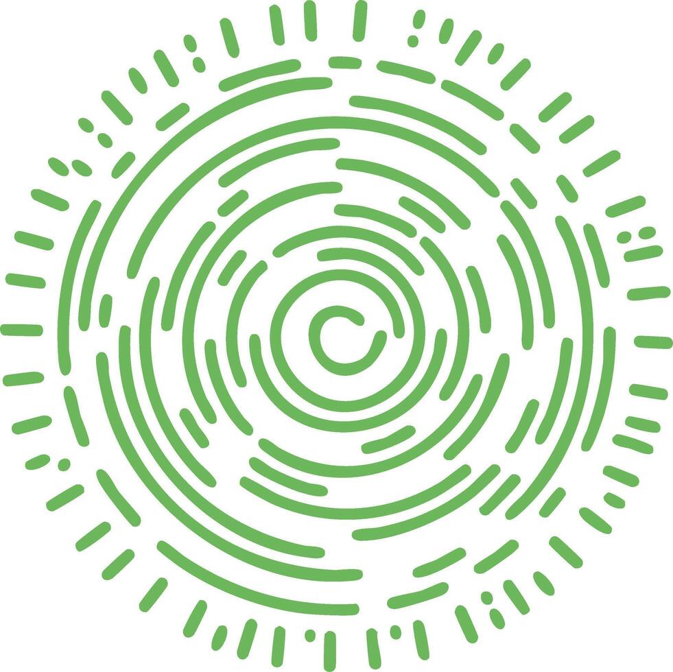 Abstract green concentric circles design with surrounding radiating dashed lines conveying flow and dynamic energy vector