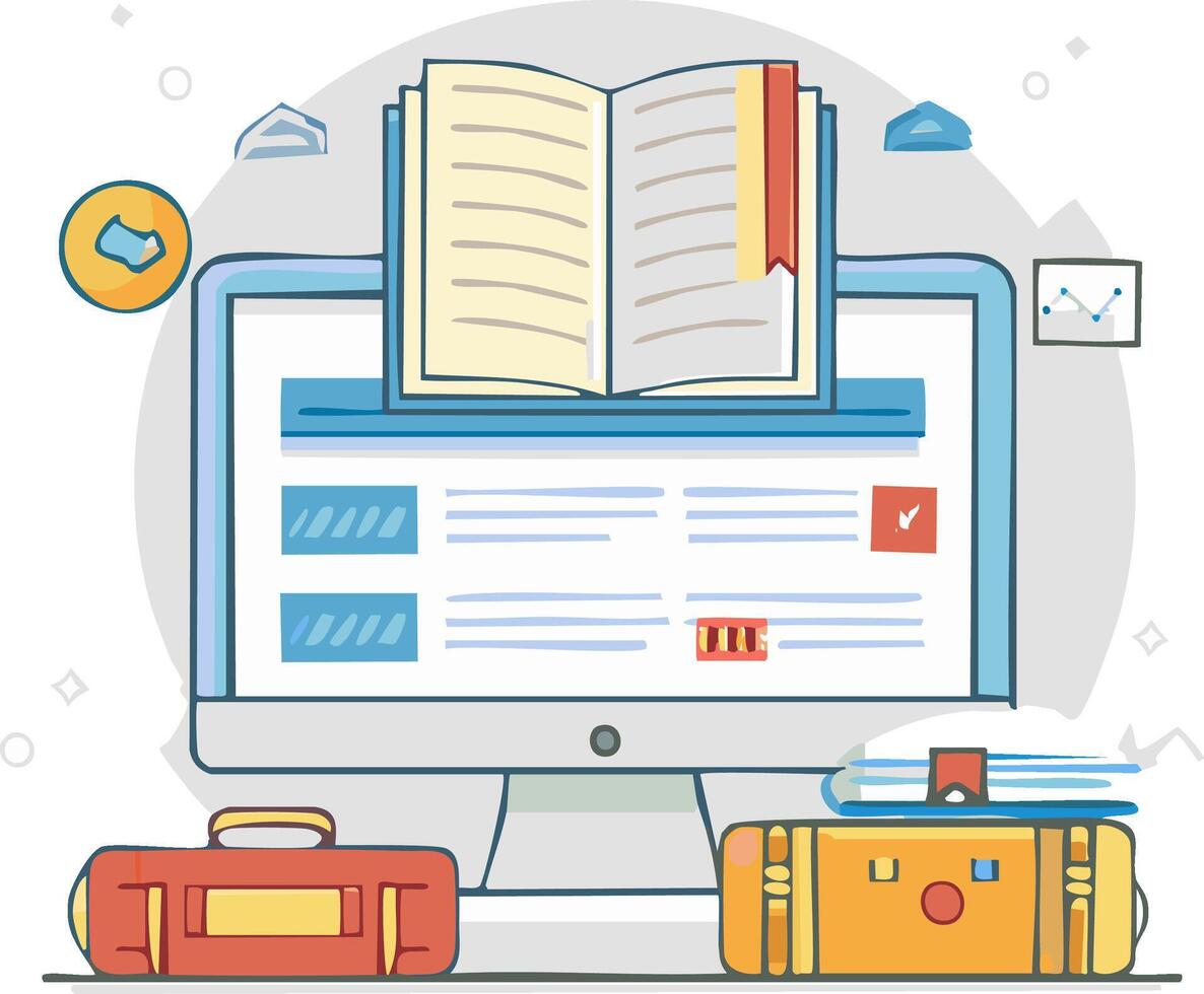 Online Learning Computer Setup with Open Book and Briefcases vector