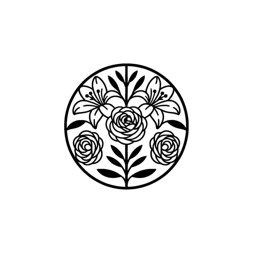 A precise line art illustration of a circular floral emblem featuring stylized lilies and roses with symmetrical leaf patterns vector