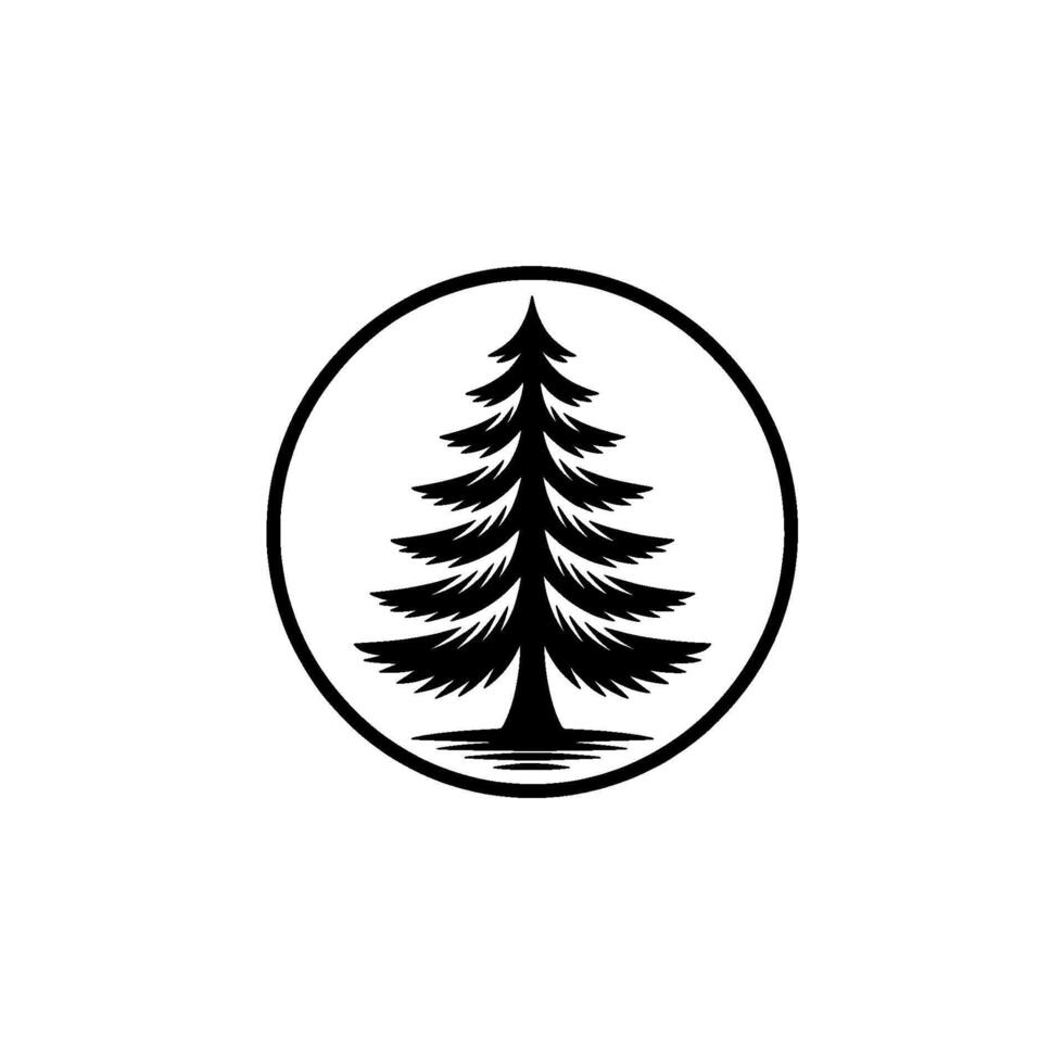 A striking silhouette of a stylized evergreen tree with layered branches and a simple base framed within a bold circle vector
