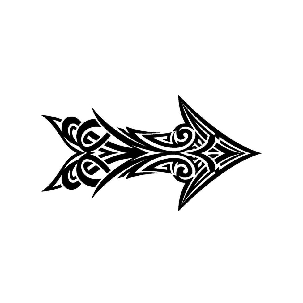 An intricate tribal arrow with swirling decorative elements and sharp pointed tips isolated vector