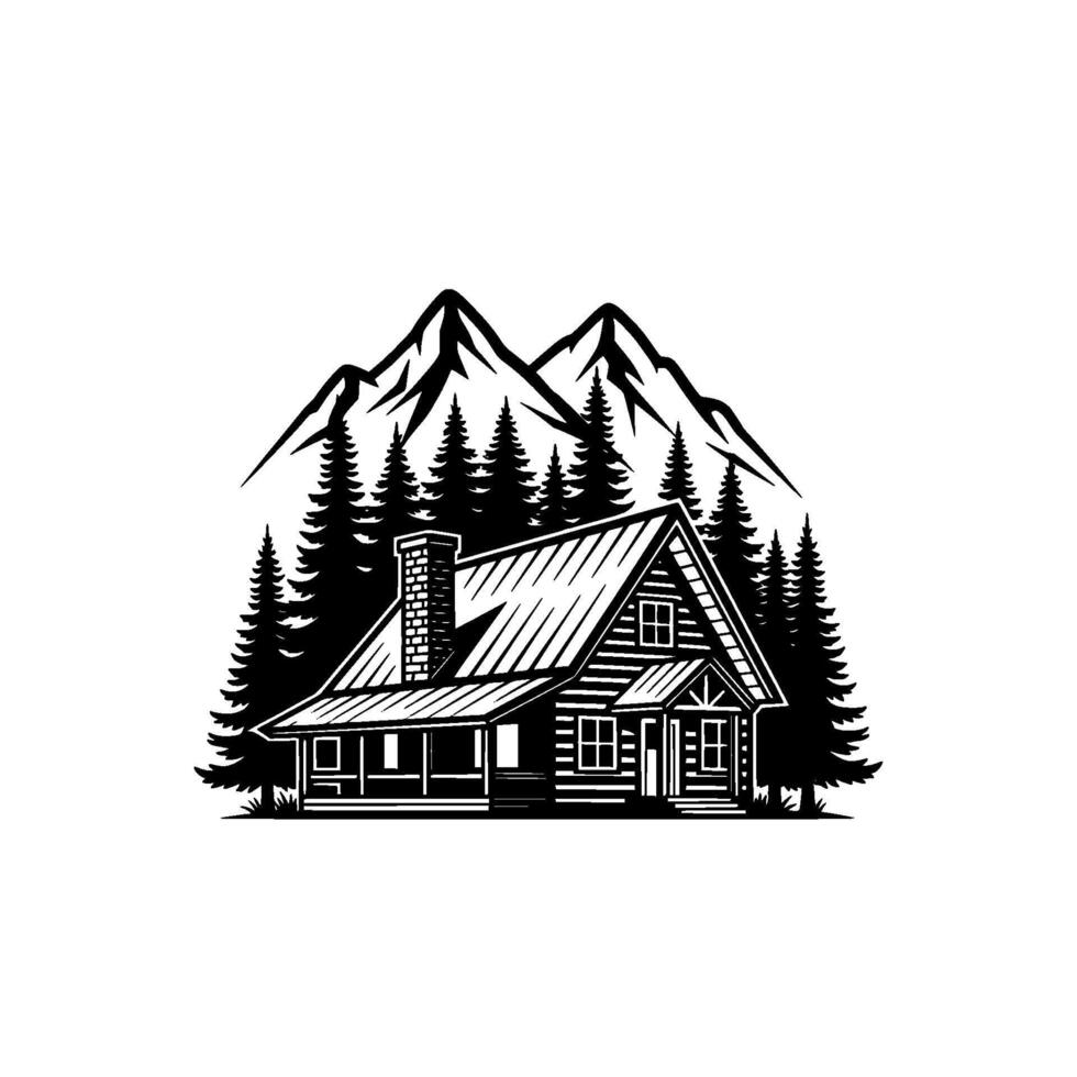 illustration of a rustic log cabin nestled amongst a dense forest of pine trees with majestic mountain peaks in the background representing a serene wilderness retreat vector