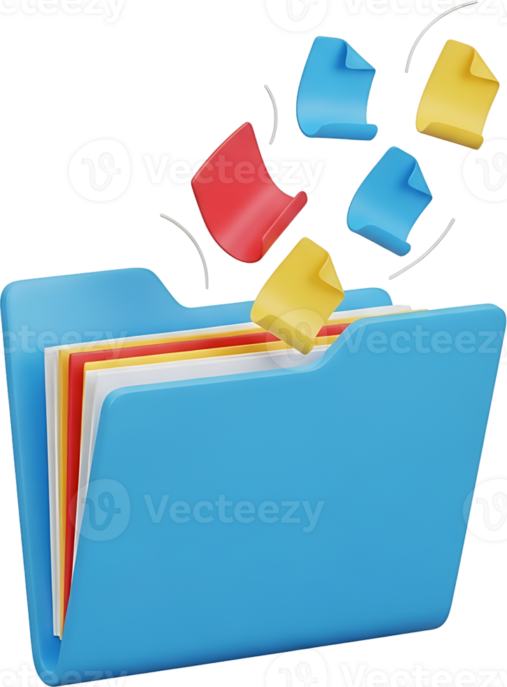 Digital document management, Folder with flying paper sheets - 3D render png
