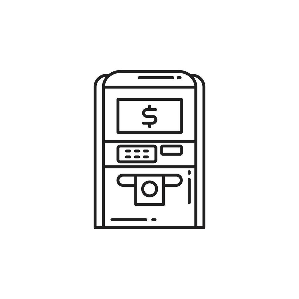 Thin line ATM machine icon representing cash withdrawal, banking services, and digital finance. Ideal for fintech apps, online banking, money transactions, and financial UI. vector
