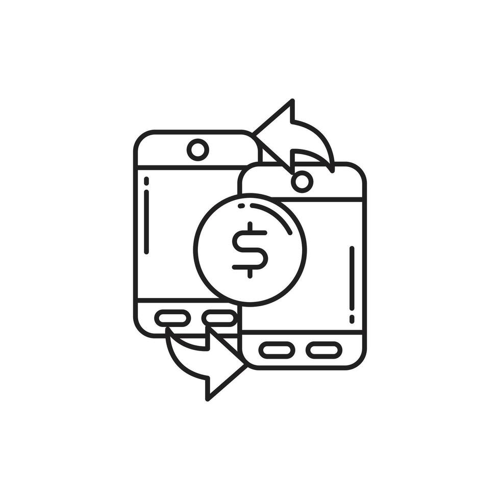 Thin line icon of two smartphones with exchange arrows and a dollar symbol, showing mobile money transfer, digital exchange, and online transactions. Ideal for fintech and e-wallet apps. vector