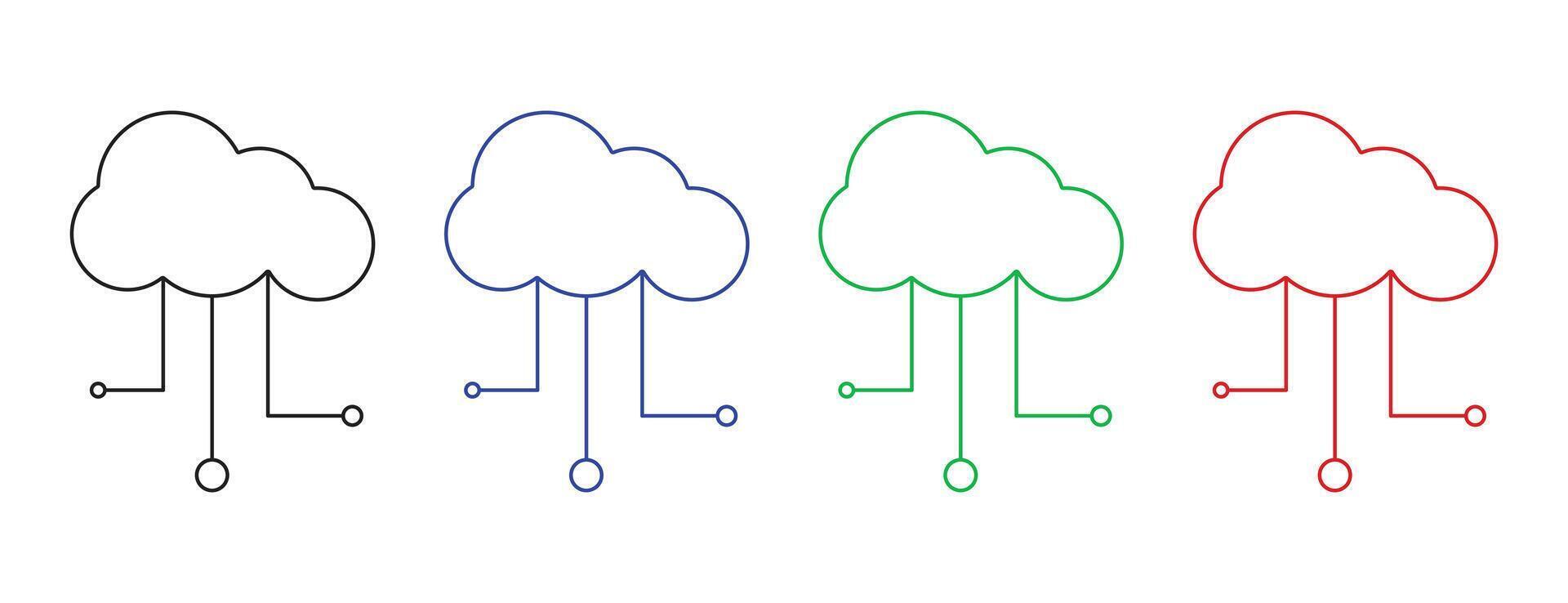 outline cloud icons with circuit lines, multicolor data technology graphic vector