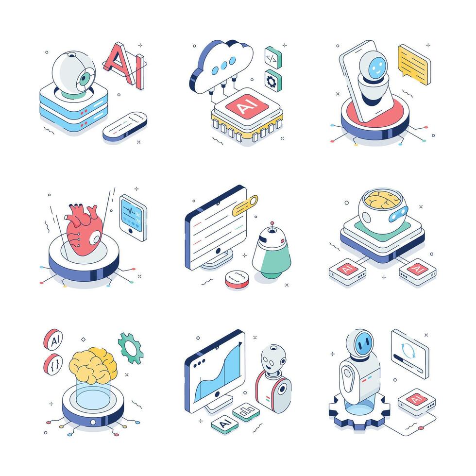 Icons of AI in technology and health applications vector
