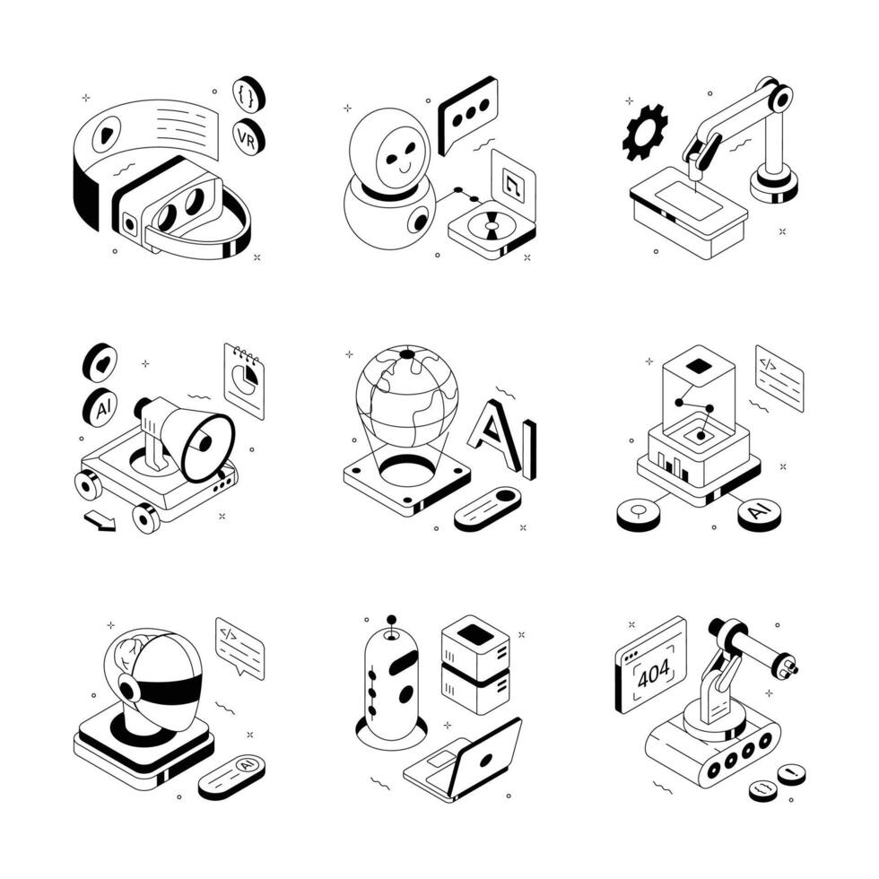 Illustration of technology concepts including AI and VR vector