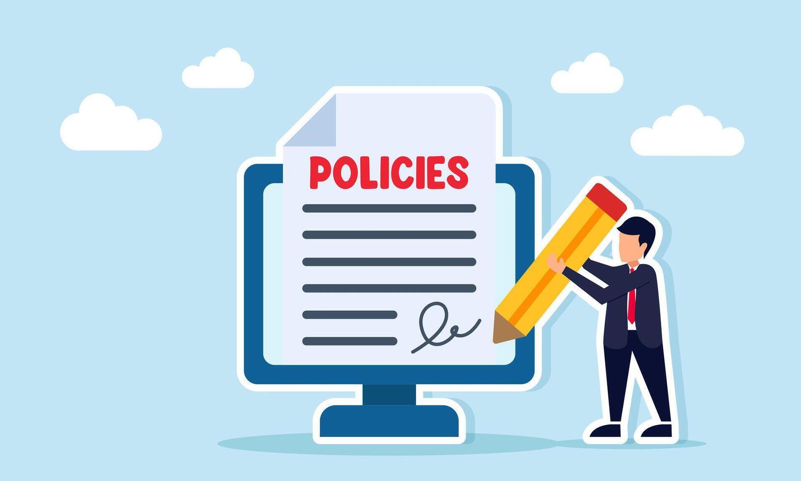 Businessman signing a policies document emerging from a computer monitor illustrating agreement and approval in implementing business cooperation policies vector