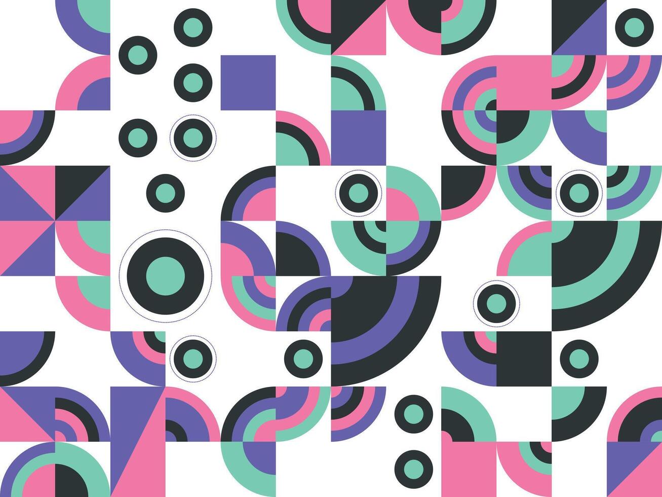 Modern dynamic geometric abstract pattern with vibrant circles, squares, and arcs. Perfect for contemporary design, digital art, and engaging backgrounds vector