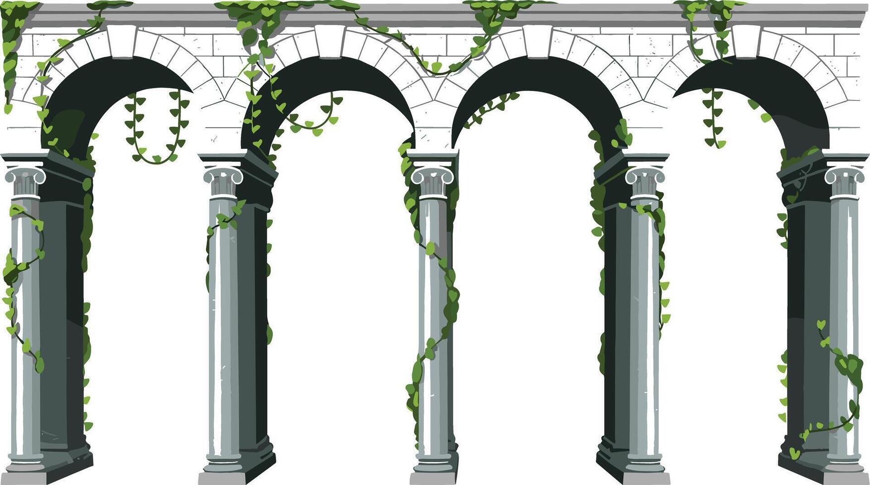 Ancient stone columns with arches and green vines vector