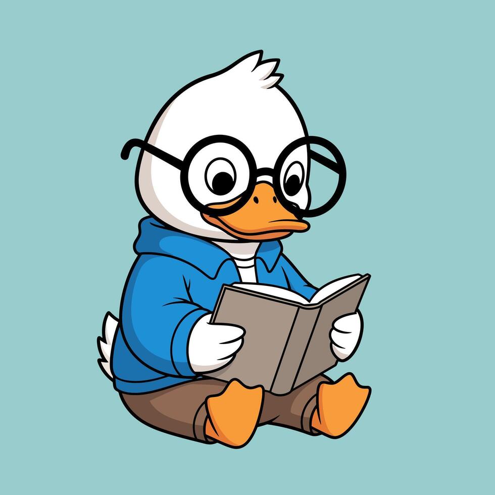 A charming cartoon duck character wearing spectacles and a blue hoodie, deeply engrossed in a book, symbolizing a studious animal with a passion for knowledge vector