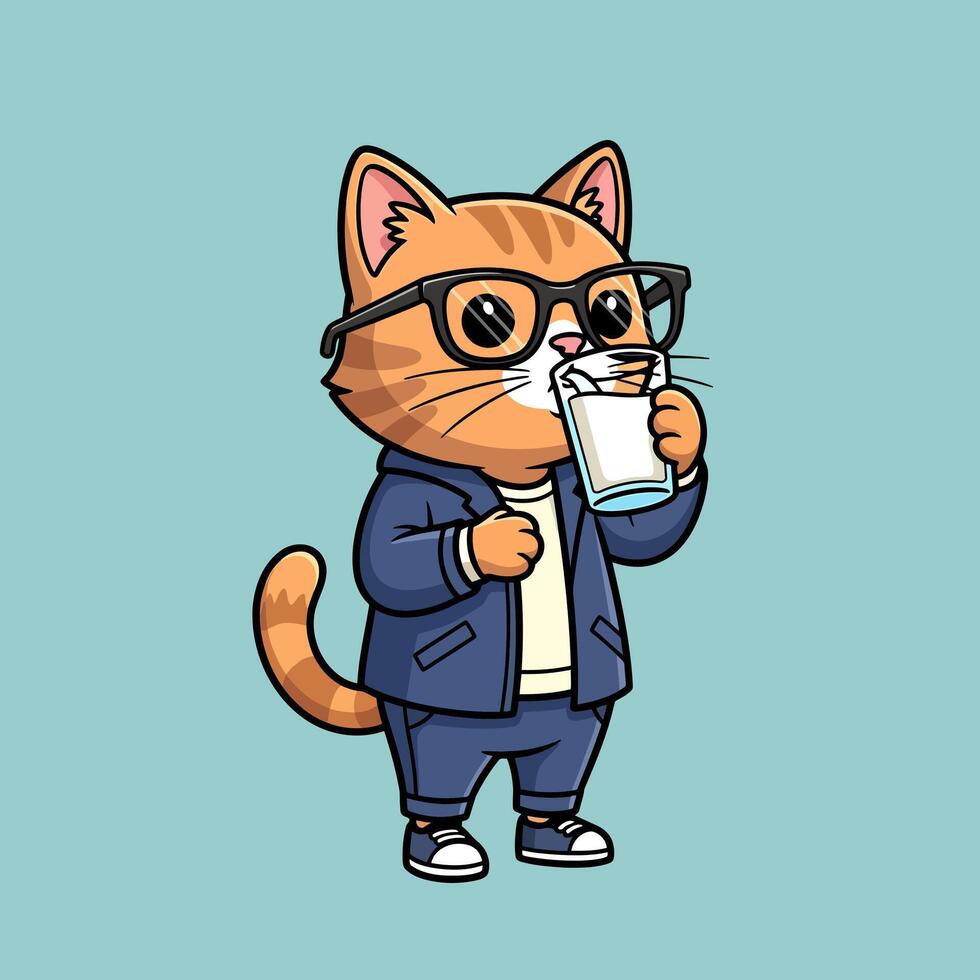 A dapper and stylish ginger tabby cat character, dressed in a sharp suit and trendy eyeglasses, sips a refreshing glass of milk, showcasing a cool and intellectual charm vector