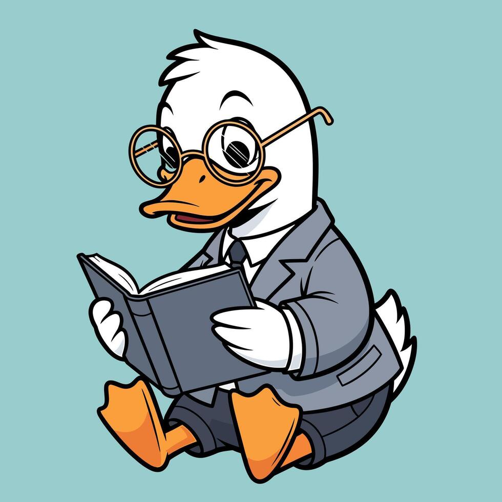 Charming illustration of an intelligent duck in glasses and a suit, engrossed in reading a book, symbolizing wisdom, learning, and professional intellect vector