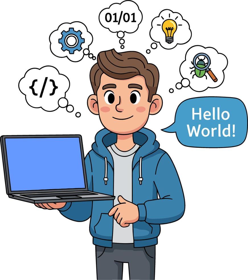 atractivo gráfico representando un alegre joven hombre, un dedicado software ingeniero, participación su ordenador portátil y imaginando varios aspectos de su codificación viaje, desde Fresco ideas a práctico desarrollo vector
