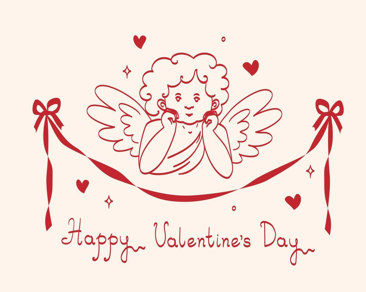 Minimal red lineart greeting card of cupid with wings, garland, heart with elegant lines and sparkles in vintage style. Element is perfect for invitations, print, wedding, packaging, advertising vector
